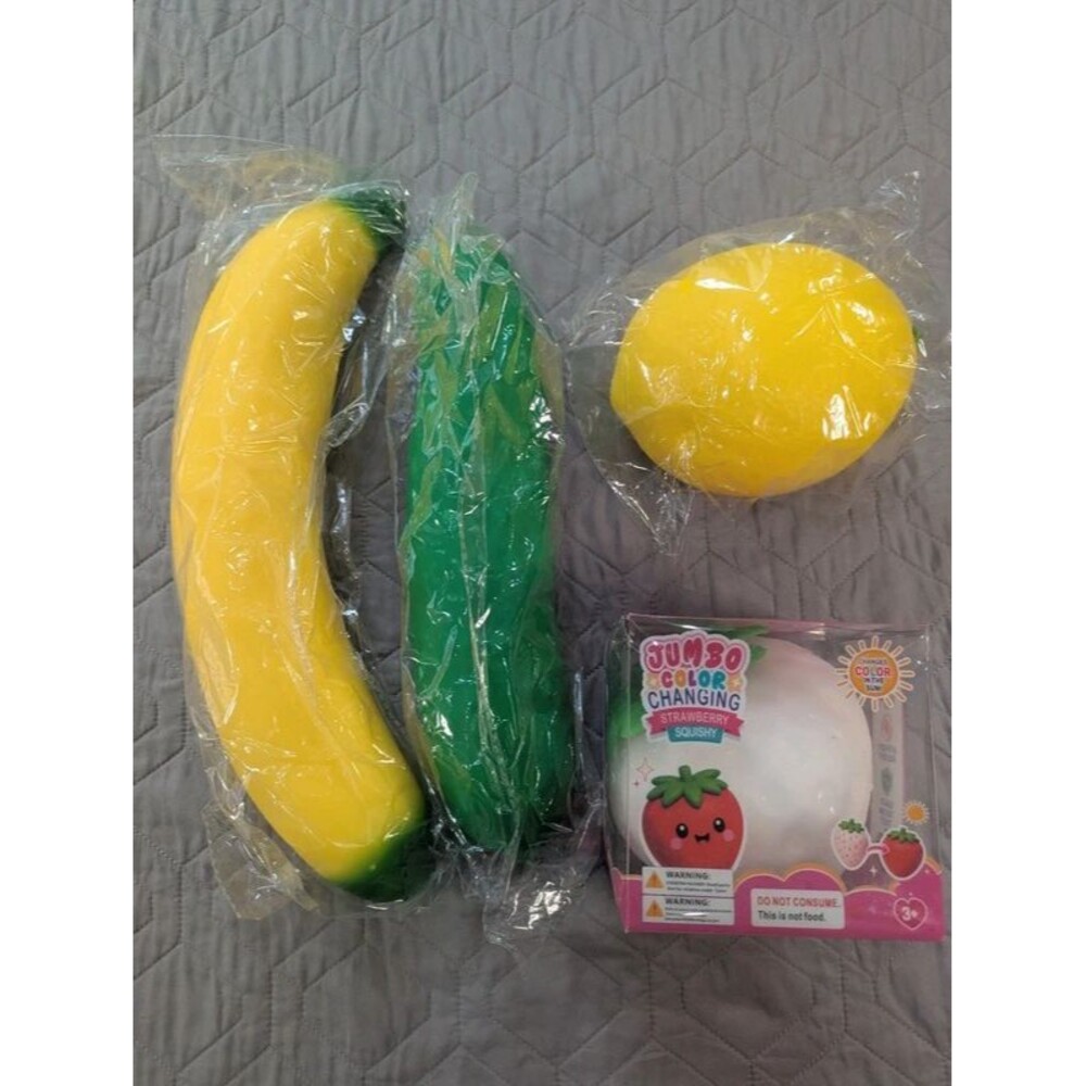 Jumbo Squishy Toy Lot 4 Pc Fruit & Pickle Color Changing Strawberry Lemon Banana
